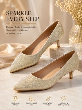 Gold Glitter Pointed Toe Kitten Heel Pumps | Size 9